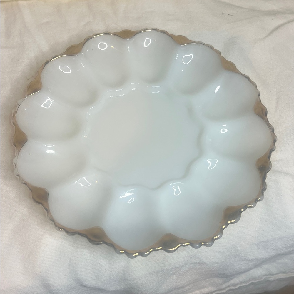 Vintage Anchor Hocking Milk Glass Deviled Egg Plate Gold Trim Easter Holiday